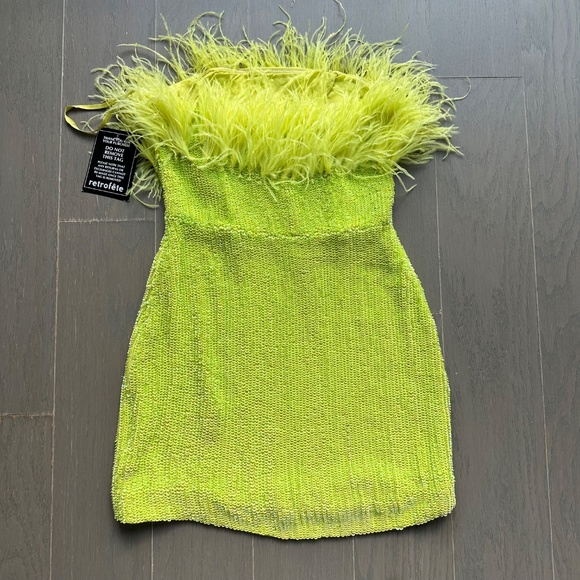 Retrofete TORIN Sequin Mini Dress Neon Yellow Feather Strapless XS - with tags - Picture 3 of 11